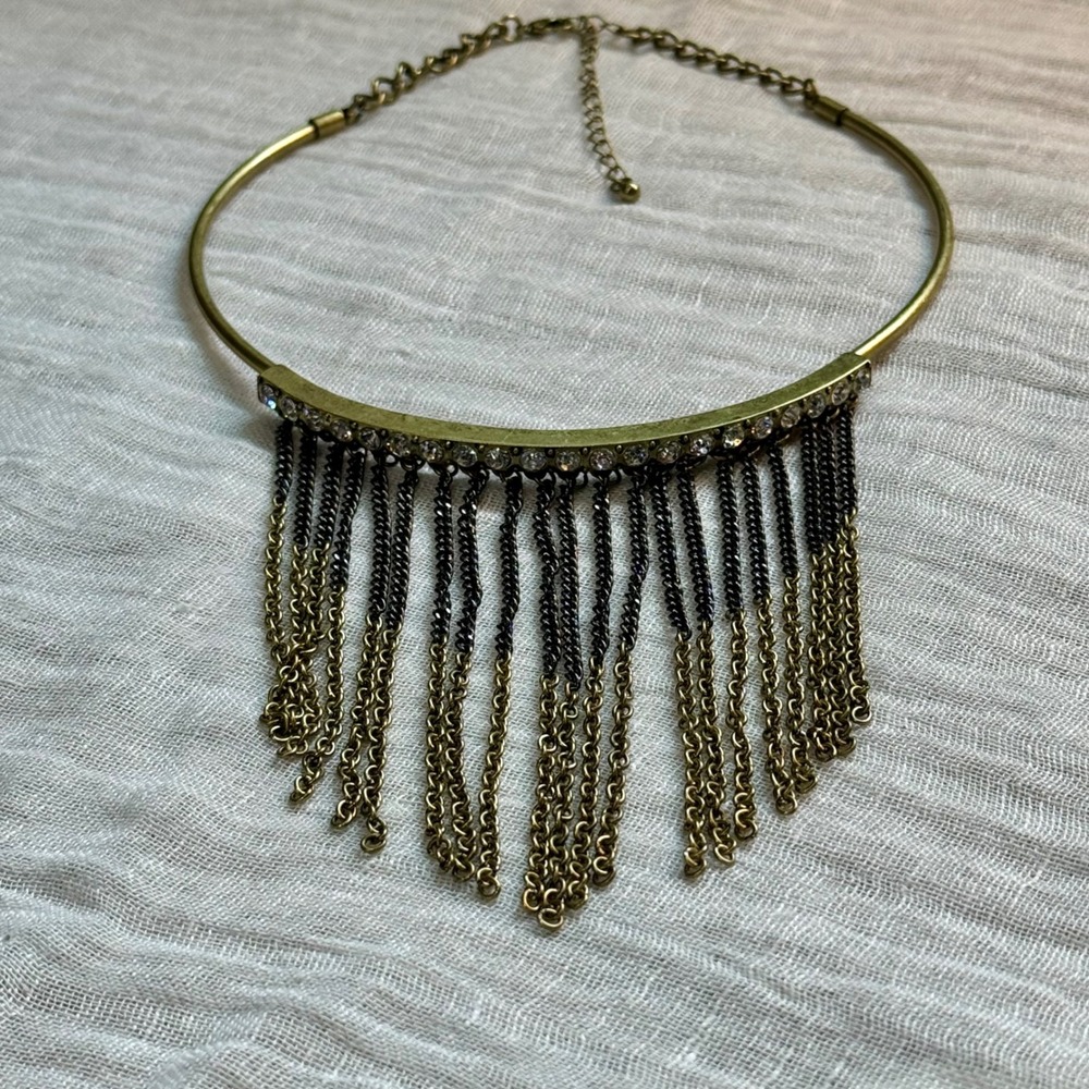 Rhinestone Fringe Choker Necklace Gold Tone Boho Festival Y2K Statement - Picture 4 of 10